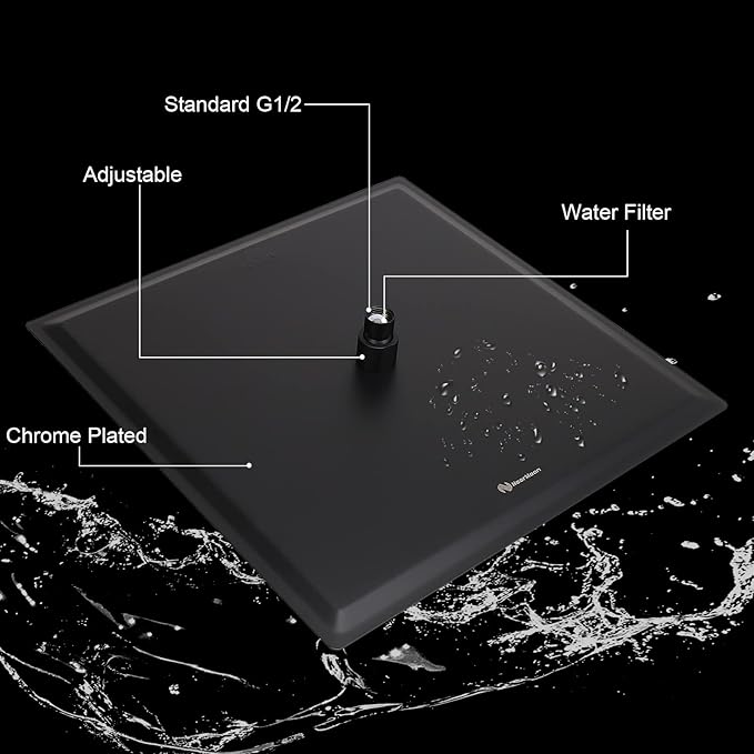 HarJue Shower Head with Extension Arm, High Pressure Square with ShowerArm, Stainless Steel Rainfall-Waterfall Full Body Coverage (16'' Shower with 20'' Arm, Matte Black)