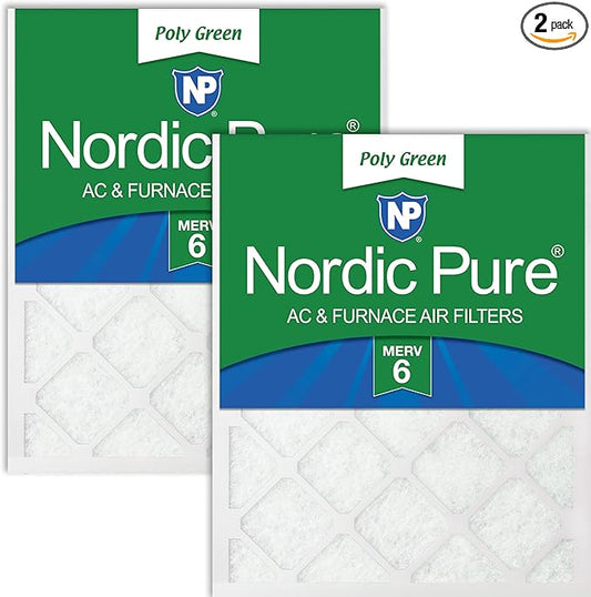 Nordic Pure 20x20x1 (Actual Size: 19 1/2 x 19 1/2 x 3/4) Poly Green MERV 6 AC Furnace Air Filters – Reduces Dust, Pollen, Pet Dander & Allergens – 2-Pack