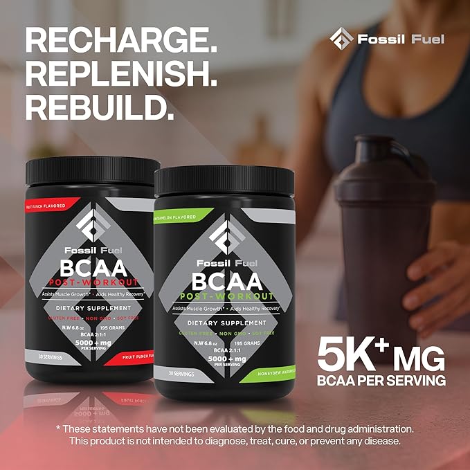 Fossil Fuel BCAA Sugar-Free Post-Workout Powder with BCAA’s, Glutamine, Vitamin B6 Essential Amino Acids for After Workout Muscle Recovery, Endurance and Hydration Fruit Punch (30 Servings)