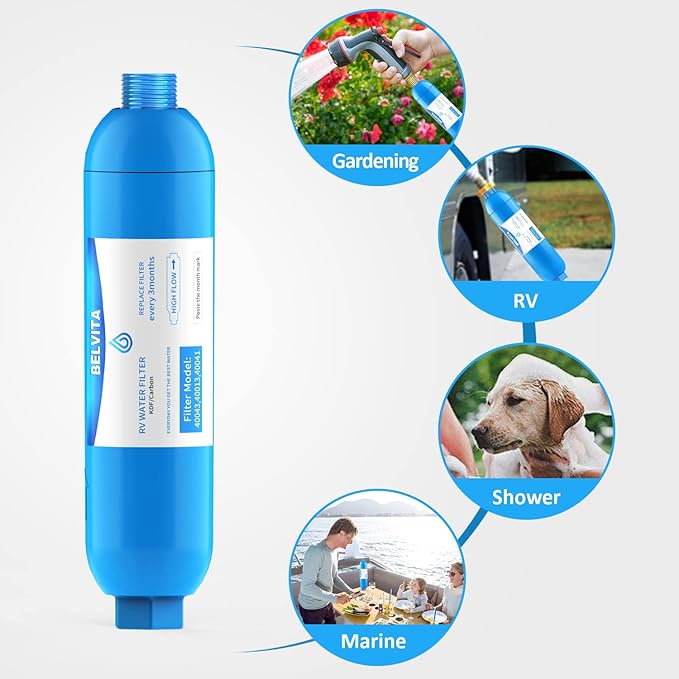 BELVITA RV Inline Water Filter,Dedicated for RVs and Marines,2 Pack Drinking,Washing Filter,Reduces Lead,Fluoride,Chlorine,Bad Taste,Odor