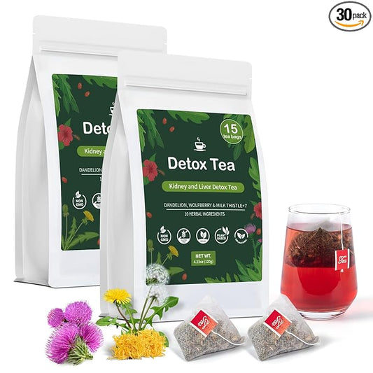 Liver Detox Tea Natural, Liver Cleanse Detox & Repair Dandelion Milk Thistle Tea Support Kidney Health, 10 Precious Ingredients Formula Herbal Teabags for Men & Women (2 Pack/30 Bags)
