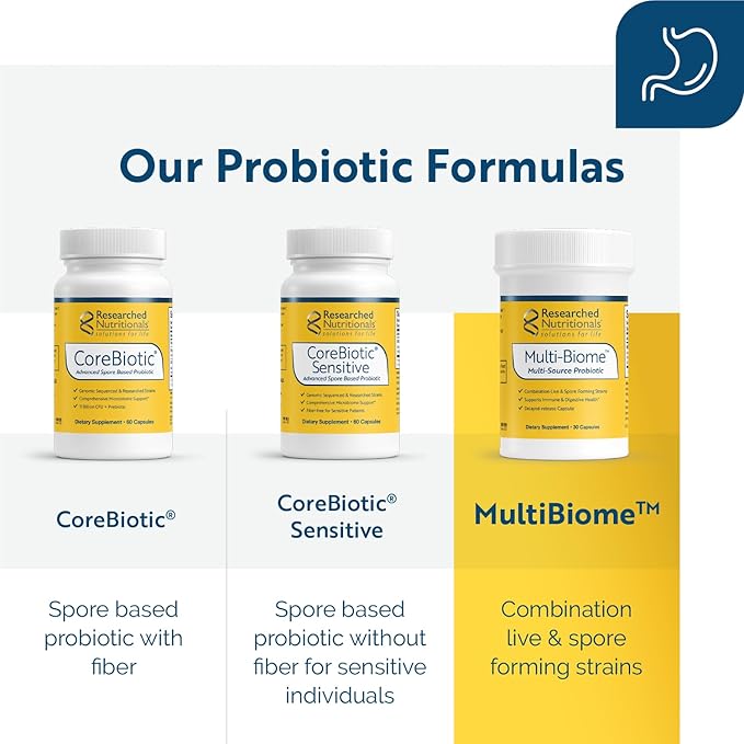 Researched Nutritionals Probiotics for Digestive Health - Multi-Biome - Live & Spore Based Probiotics for Gut Health & Immune Support + Healthy Histamine & Cytokine Activity (30 Capsules)