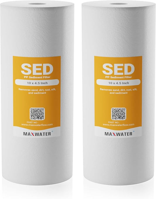 Max Water 10" x 4.5" Whole House Sediment Filter Cartridge Replacement | 1 Micron Melt-Blown Polypropylene Well Water Filter, Compatible with DGD-5005, AP810, WFHD13001B (Pack of 2)