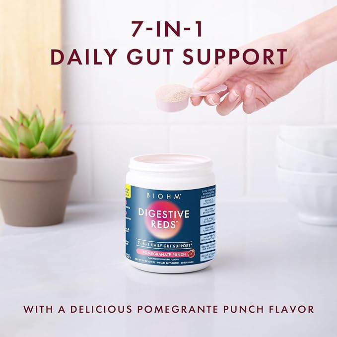 BIOHM Digestive Reds, Superfood Powder (7.4 Oz, 30 Servings) Antioxidants, Vitamins, Probiotics, Digestive Health for Women and Men with Enzymes, Beets, Goji, Pomegrante, Red Berry Flavor