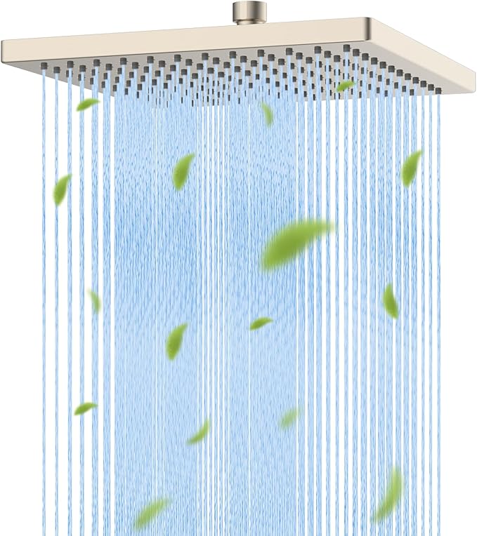 Hibbent Thickness Metal Rain Shower Head, 10'' High Pressure Rainfall Shower Head, Square Bathroom Waterfall Shower Heads, High Flow Fixed Showerheads with Adjustable Brass Ball Joint, Brushed Nickel