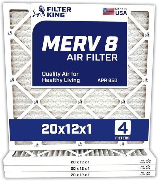 Filter King 20x12x1 Air Filter | 4-PACK | MERV 8 HVAC Pleated A/C Furnace Filters | MADE IN USA | Actual Size: 20 x 12 x .75"
