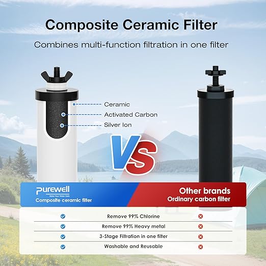 Purewell 8-Stage Gravity Fed Water Filter System, 2.25 Gallon Stainless Steel Countertop System with 4 Filters, Metal Water Level Spigot and Stand, Reduce Fluoride and Chlorine, PW-OBT-CF