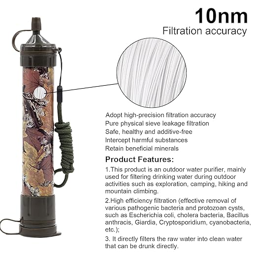 Water Filter Camping, Personal Backpacking Water Filter Straw Portable for Hiking Travels (Green Camouflage)