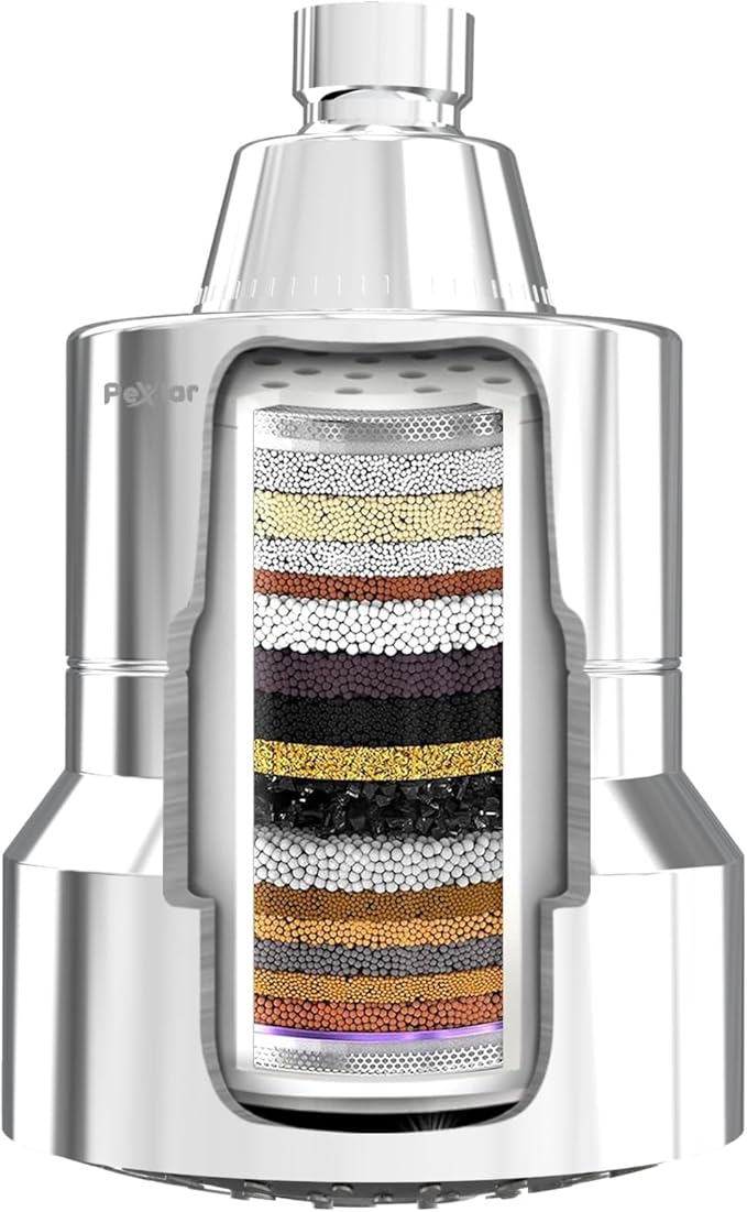 Multi Stage Shower Head Filter for Hard Water, Shower Water Filter for Removing Chlorine and Fluoride, Hard Water Shower Filter Improves on Skin, Hair and Nails, Polished Chrome - 5 Spray