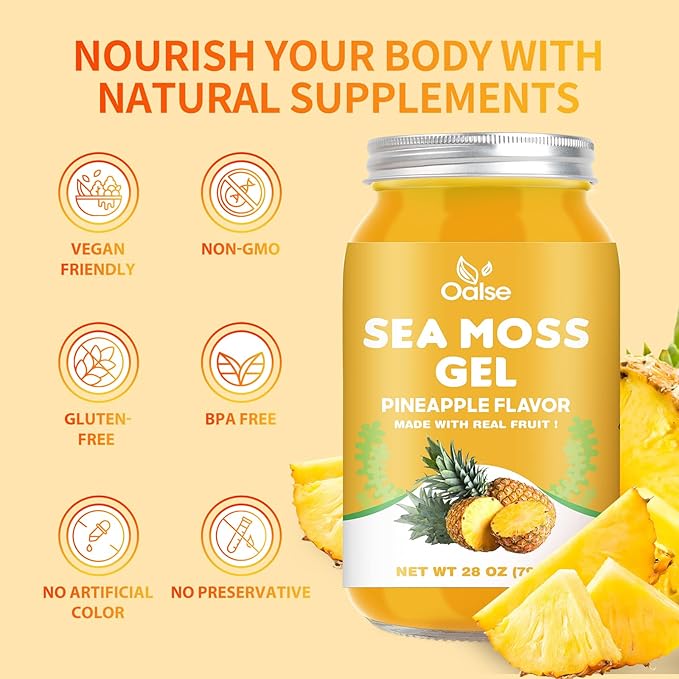 Sea Moss Gel - Raw Nutritious Irish Sea Moss Gel Rich in 102 Vitamins and Minerals, Proteins & Vitamins, Vegan-Friendly 28OZ Pineapple Flavor