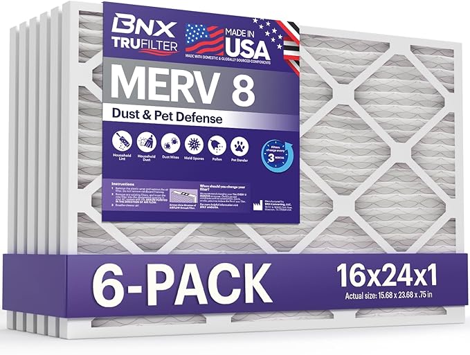 BNX TruFilter 16x24x1 Air Filter MERV 8 (6-Pack) - MADE IN USA – Dust & Pet Defense Pleated Air Conditioner HVAC AC Furnace Filters for Dust, Pet, Mold, Pollen MPR 600 – 700 & FPR 5