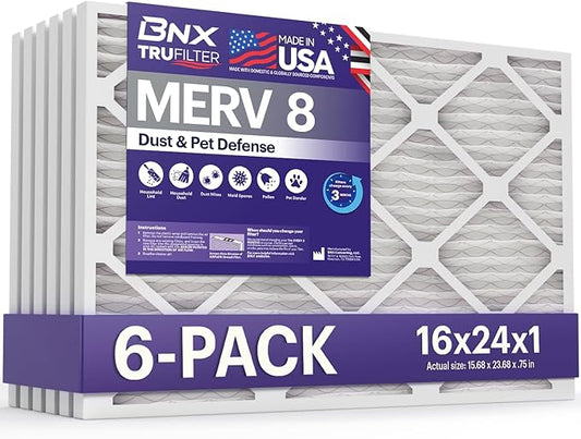BNX TruFilter 16x24x1 Air Filter MERV 8 (6-Pack) - MADE IN USA – Dust & Pet Defense Pleated Air Conditioner HVAC AC Furnace Filters for Dust, Pet, Mold, Pollen MPR 600 – 700 & FPR 5