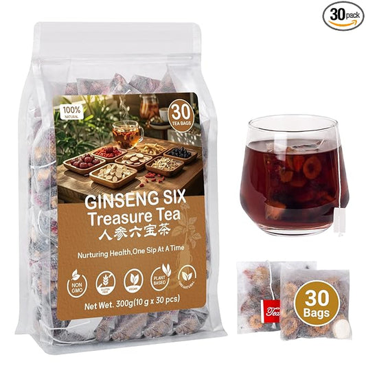 Kidney Tea Formula Ginseng Six Treasure Tea,Ginseng Five Treasures Teabag -7 Ingredient Formula Wolfberry Herbal Chinese Teabag Support Liver Cleanse &Repair for Men Women (1 Box,30 Bags)
