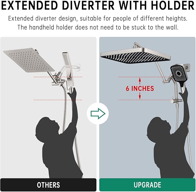 13-Inch Shower Heads with Multi-Function Handheld Sprayer Combo, 3-Way Metal Extended Diverter with Holder and Metal Adjustable Shower Extension Arm, Extra Long Hose