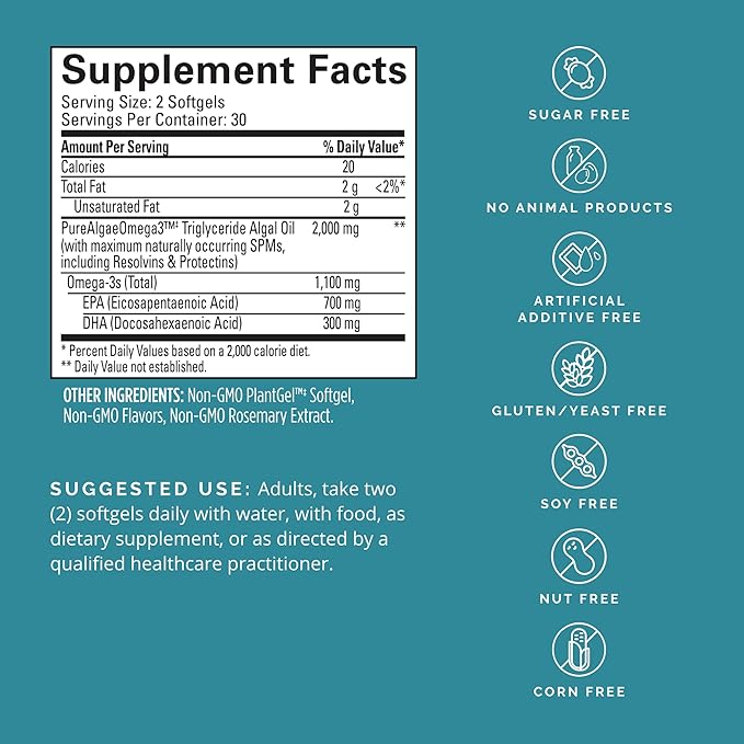 BRAINMD Dr Amen Vegan Omega-3 Power - 60 Plant-Based Softgels - 1,100 mg of EPA & DHA - Supports Focus, Memory & Heart Health - Vegan, Gluten Free & Non-GMO - 30 Servings
