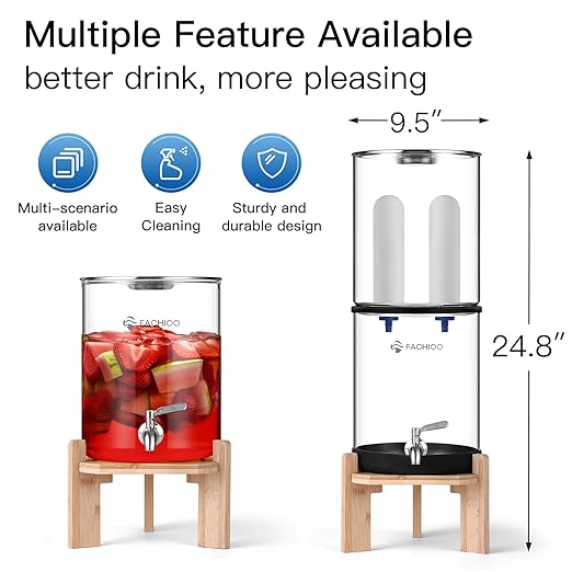 Gravity-Fed Water Filter System, 2.25G Glass Countertop System with 2 Ceramics Fluoride and Arsenic Reduction Elements, Metal Spigot, and Stand, Reduces Fluoride and Chlorine