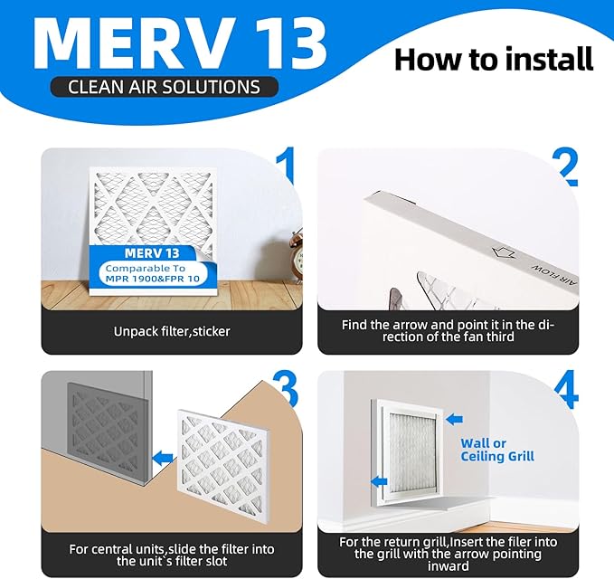 (6 Pack) 16 3/8x21 1/2x1 Furnace Air Filters, MPR 1900 & FPR 10, MERV 13 Pleated Air Filter (Actual Size: 16 3/8"x21 1/2"x3/4")