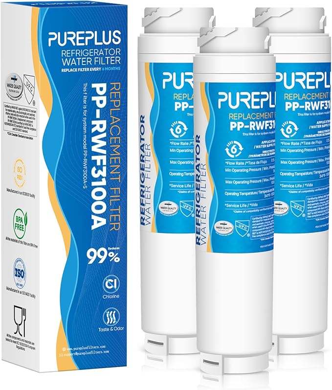 PUREPLUS 9000194412 Refrigerator Water Filter Replacement for Bosch Ultra Clarity BORPLFTR10, REPLFLTR10, 644845, B26FT70SNS, B22CS30SNS, B22CS80SNS, B22CS50SNS, Haier 0060820860, 3PACK
