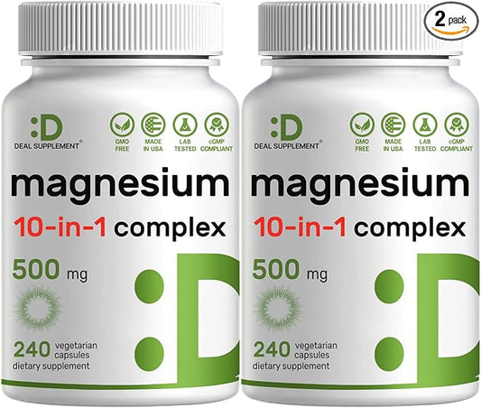 Magnesium Complex 500mg, 480 Veggie Capsules | 10-in-1 Glycinate, Citrate, Malate, & More | 100% Chelated for Easy Absorption | Essential Mineral Supplement for Muscle, Sleep, & Heart Health