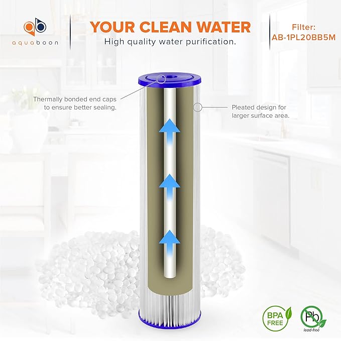 Aquaboon 20 Inch Whole House Pleated Water Sediment Filter Replacement 5 Micron Water Filter Cartridge Compatible with ECP5-20BB, SPC-45-2005, 10-Pack
