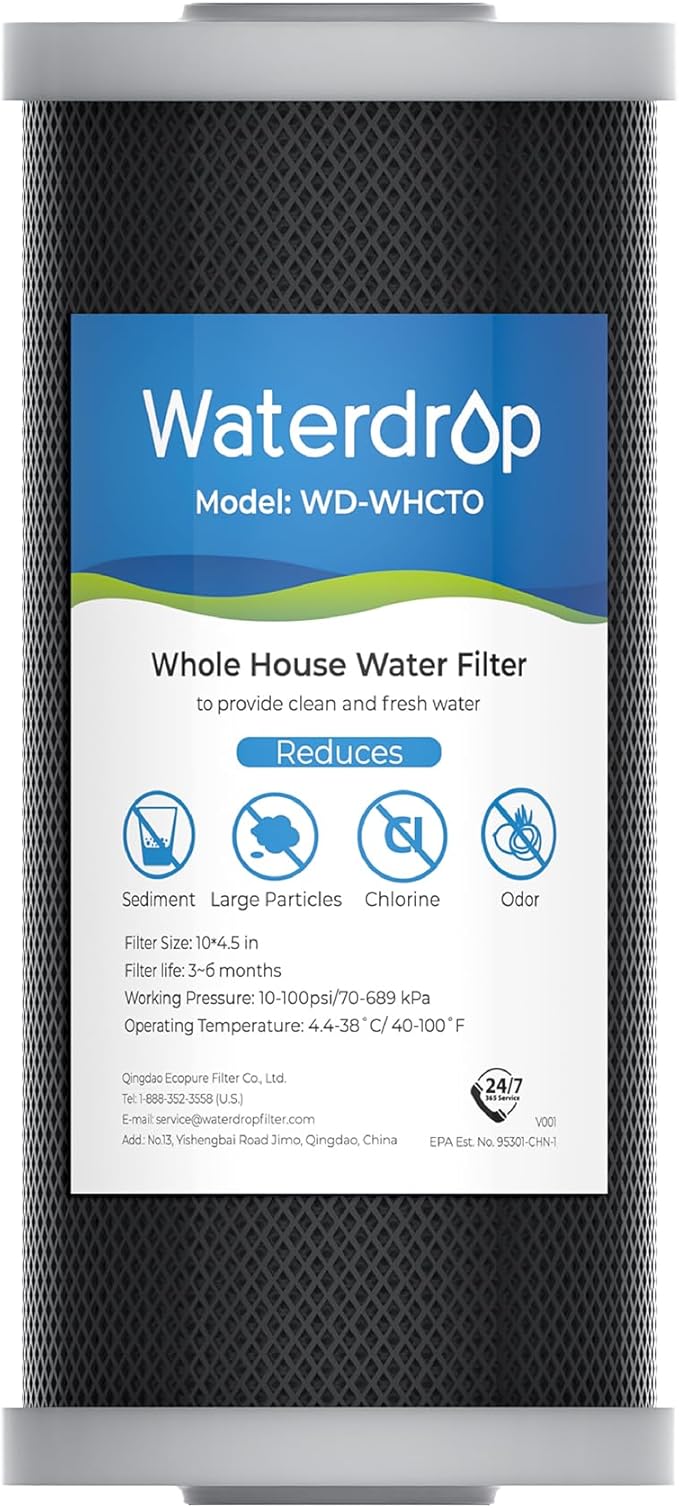 Waterdrop Whole House CTO Carbon Sediment Water Filter Cartridge Replacement for GE® FXHTC, GXWH40L, W10-PR, Culligan® RFC-BBSA,10"X4.5", 5 Micron, 1Pack