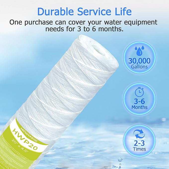 20 Micron Whole House Water Filter Cartridge, String Wound Sediment Filters for Well Water, Universal Replacement for Any 20 inch Big Housings - 20" x 4.5" Cartridges - Pack of 6