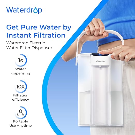 Waterdrop Rechargeable Water Filter Pitcher, Reduce 99.6% of Lead and 45+ Impurities, 1-Year Electric Water Dispenser, Instant 15-Cup Countertop System, NSF/ANSI 401&53&42&372, NOT Reduce TDS