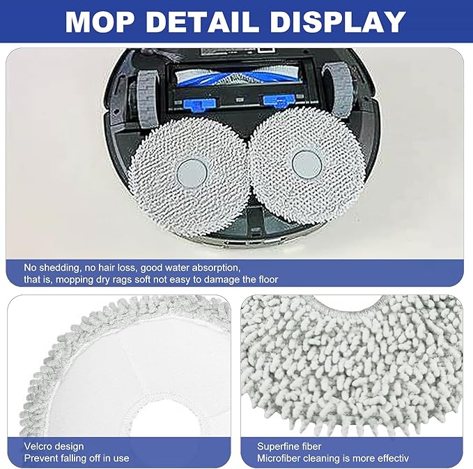 Replacement Accessories Parts Compatible with ECOVACS DEEBOT T30S Combo Robot Vacuum Cleaner.（2 Main Brush,6 Side Brushes,6 Hepa Filters,8 Mop Pads,6 dust Bags）