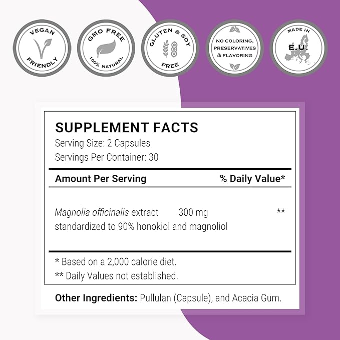 Supersmart - Magnolia Bark Extract (Max Strength) 300mg per Day - 90% Honokiol & Magnolol - Magnolia Bark Supplement | Non-GMO & Gluten Free - 60 Vegetarian Capsules