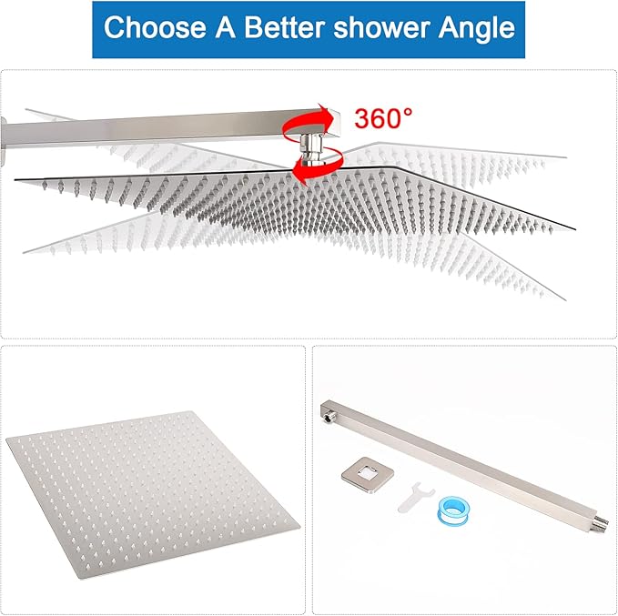 HarJue Shower Head with Extension Arm, High Pressure Square with ShowerArm, Stainless Steel Rainfall-Waterfall Full Body Coverage (16'' Shower with 20'' Arm, Brushed Nickel)