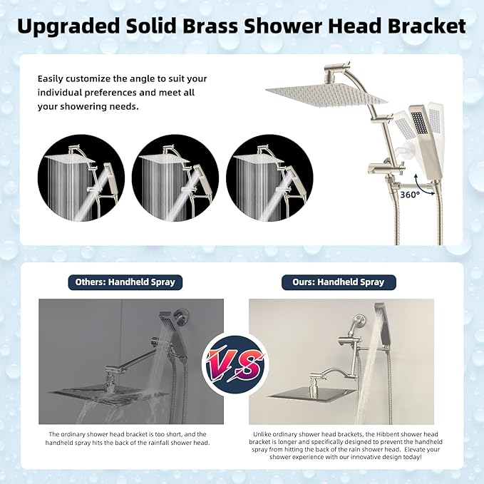 Hibbent All Metal 12'' Rainfall Shower Head, Dual Shower Head Combo, High Pressure Handheld Shower Wand, 16'' Adjustable Arc-shaped Shower Extension Arm, 71'' Hose, Showerhead Holder, Brushed Nickel