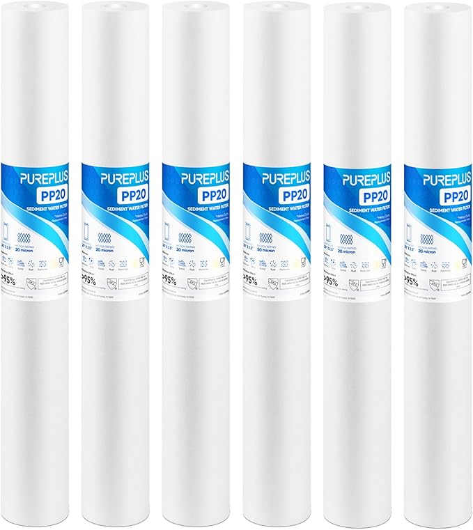 PUREPLUS 20 Micron 20" x 2.5" Whole House Sediment Home Water Filter, 20-inch Sediment Pre-Filtration, Replacement Cartridge Aqua Pure AP110-2C, Pentek P1-20/SP-P1-20/PX01-20, Watts FPMB5-20, 6PACK
