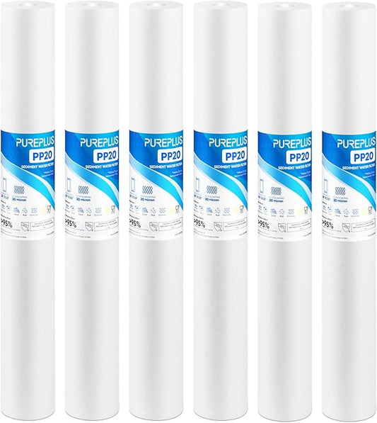 PUREPLUS 20 Micron 20" x 2.5" Whole House Sediment Home Water Filter, 20-inch Sediment Pre-Filtration, Replacement Cartridge Aqua Pure AP110-2C, Pentek P1-20/SP-P1-20/PX01-20, Watts FPMB5-20, 6PACK