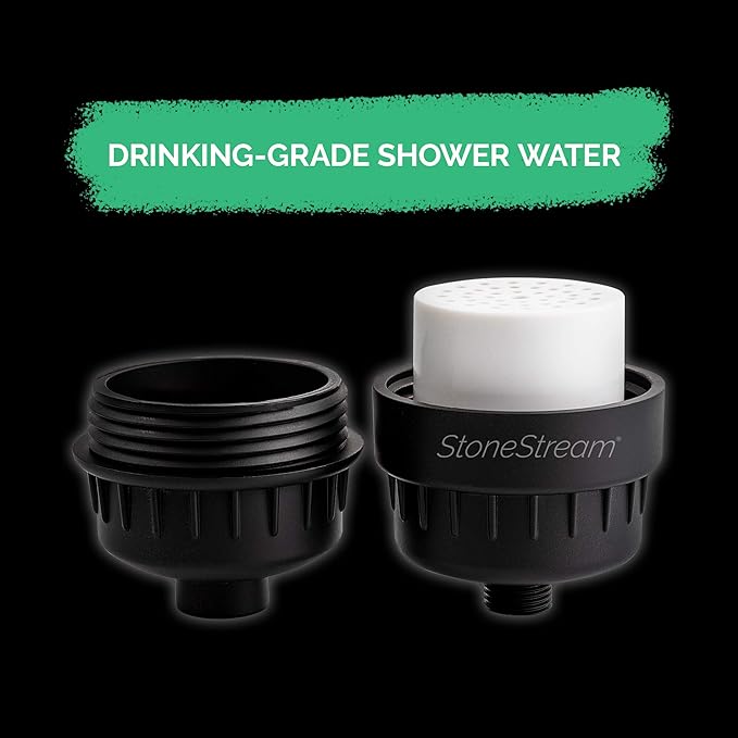 Original StoneStream® EcoPower Shower Head System — Spa Like Ionic Filter to Soften Water, Increase Pressure & Save Water — Showerhead + Hard Water Filtration + Wall Adapter Kit — Matte Black