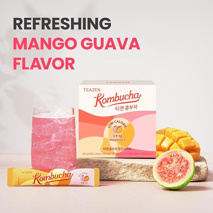 TEAZEN Mango Guava Kombucha Tea, Hydration Drink Mix, Sugar Free, Live Probiotics & Prebiotics, 30 Sticks, 5.29oz