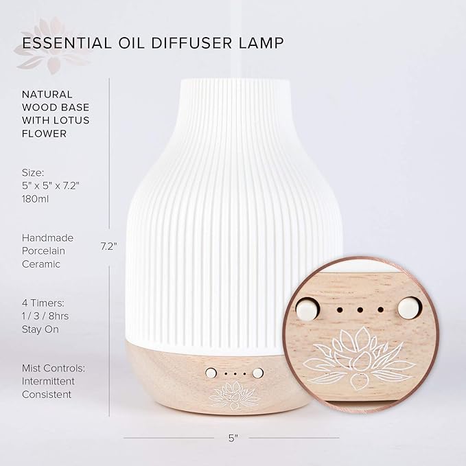 Essential Oil Diffuser Lamp, White Ceramic + Wood, Ultrasonic 180ml, Whispersoft, 4 Timers + 5 Light Settings, Auto Shut Off, Home + Office, Humidifier Air Purifier Aromatherapy