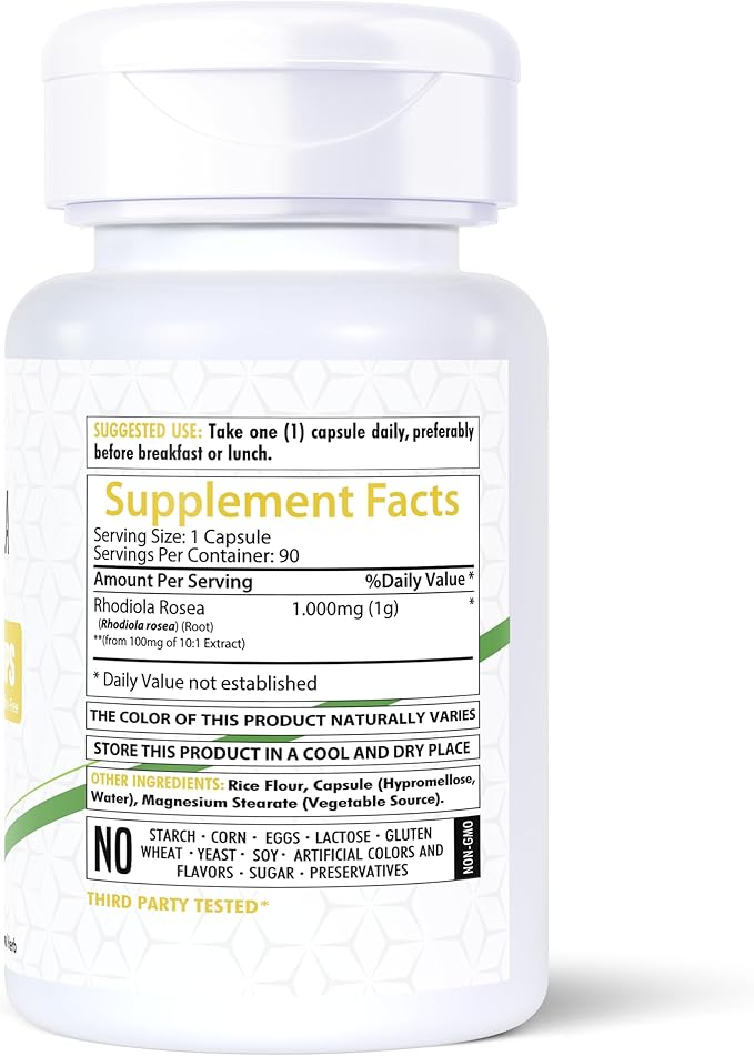 Rhodiola Rosea Capsules 1000mg Equivalent | 90 Vegan Capsules | Premium Adaptogen Herbal Supplement | Naturally Sourced | Made in The USA