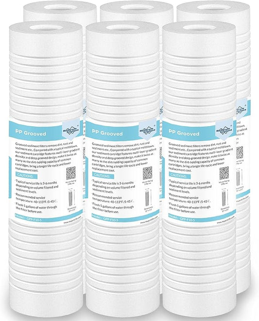 Membrane Solutions Grooved Sediment Water Filter Cartridge (Pack of 6), 5 Micron Whole House Water Filter Universal Replacement 10"x2.5" for 10 inch RO Unit, Whole House Under-Sink Filtration System