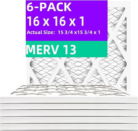 16x16x1 MERV 13 (6-Pack) Pleated Air Filter (Actual Size: 15.75"x15.75"x0.75") MPR 1900 & FPR 10, Furnace Air Filters,16x16x1 air filter