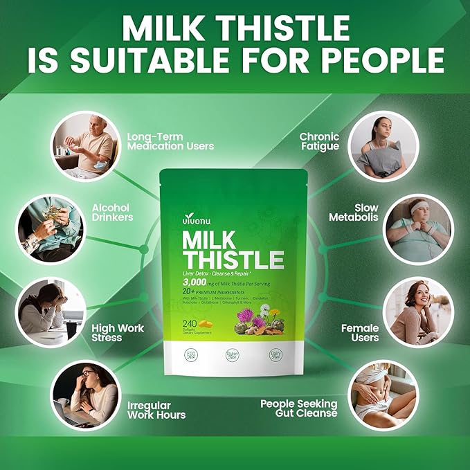 Milk Thistle Liver Detox Capsules, 3000mg Liver Cleanse Detox & Repair, 20-in-1 Advanced Support Complex with Milk Thistle, NAD, NAC, ALA, Dandelion,Glutathione, Artichoke, Turmeric, More 240 Softgels