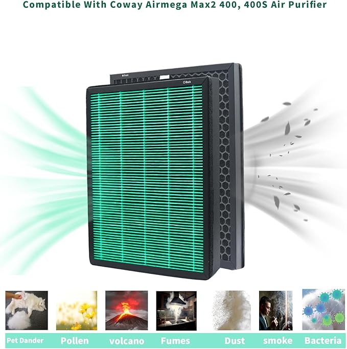 2 Pack Replacement Filter Compatible with Coway AIRMEGA Max2 400 400S(AP-2015-FP) 400(G) 400S(G) Air Purifier, Max2 Green True HEPA and Active Carbon Filter Set.