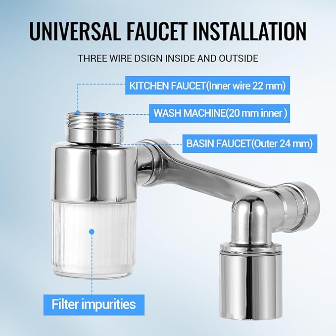 1080° Swivel Faucet-Extender Sink-Aerator - 2 Mode Splash Water Filter Extension, Kitchen Bathroom 360° Rotatable Spray Attachment, Multifunctional Universal Robotic Arm -Wash Hand/Hair/Face (Silver)
