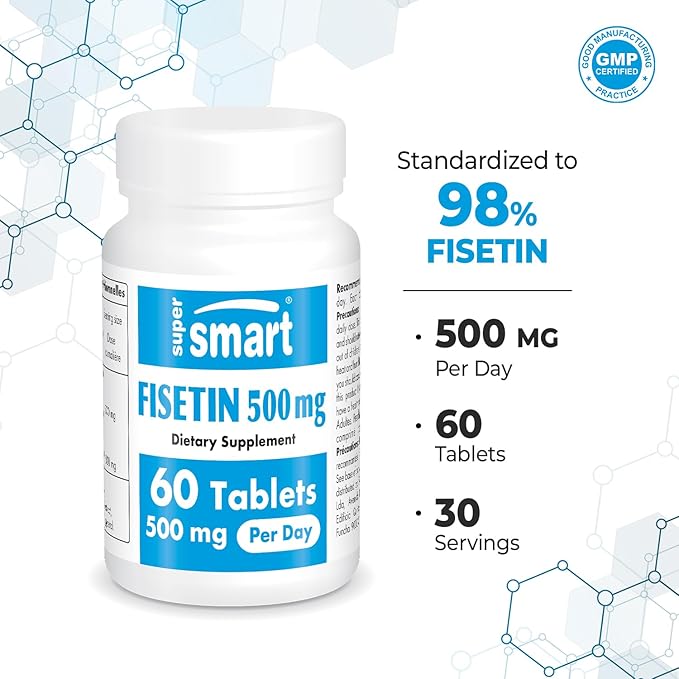 Supersmart - Fisetin 500mg per Day (Easy-to-Take) - 98% Pure Fisetin Supplement - Highly Bioavailable Polyphenol - Potent Senolytic Activator | Non-GMO & Gluten Free - 60 Tablets