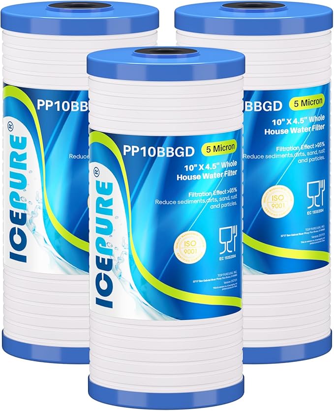 ICEPURE 5 Micron 10" x 4.5" Whole House Water Filter, Replacement for 3M Aqua-Pure AP810, AP801, AP811, Whirlpool WHKF-GD25BB, GE FXHTC, GXWH40L, GXWH35F, GNWH38S, 3PACK