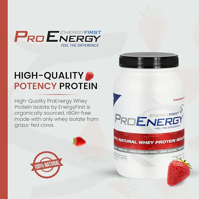 EnergyFirst Grass-Fed Strawberry Whey Protein Isolate (2lb), High-Protein Shake for Meal Replacement & Recovery, Non-GMO, Gluten-Free, 37 Servings