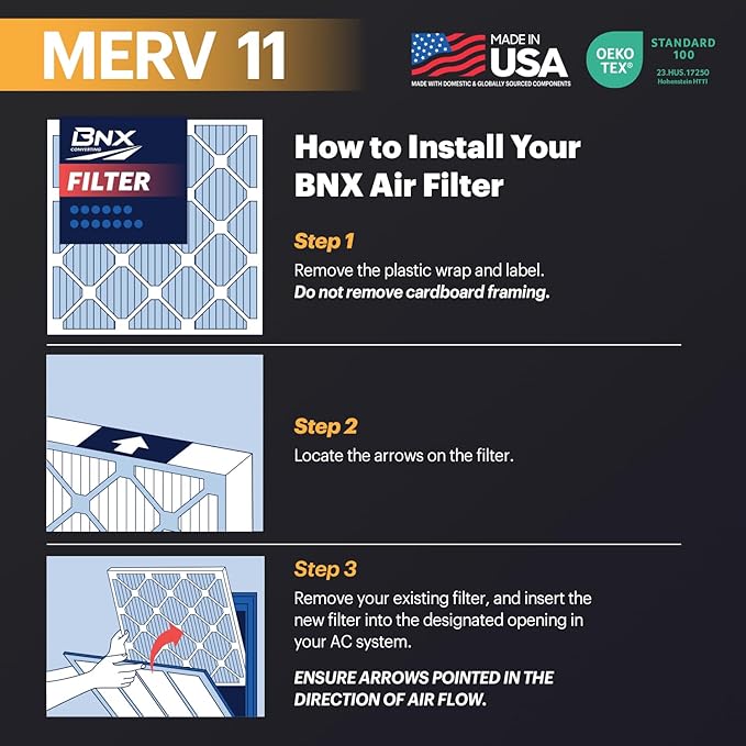 BNX TruFilter 20x30x1 Air Filter MERV 11 (4-Pack) - MADE IN USA - Allergen Defense Electrostatic Pleated Air Conditioner HVAC AC Furnace Filters for Allergies, Dust, Pet, Smoke, Allergy MPR 1200 FPR 7