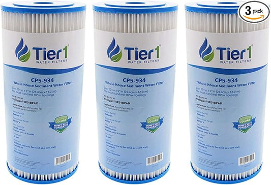 Tier1 5 Micron 10 Inch x 4.5 Inch | 3-Pack Pleated Polyester Whole House Sediment Water Filter Replacement Cartridge | Compatible with Culligan CP5-BBS-D, Pentek CP5-BB, W5CPHD, Home Water Filter