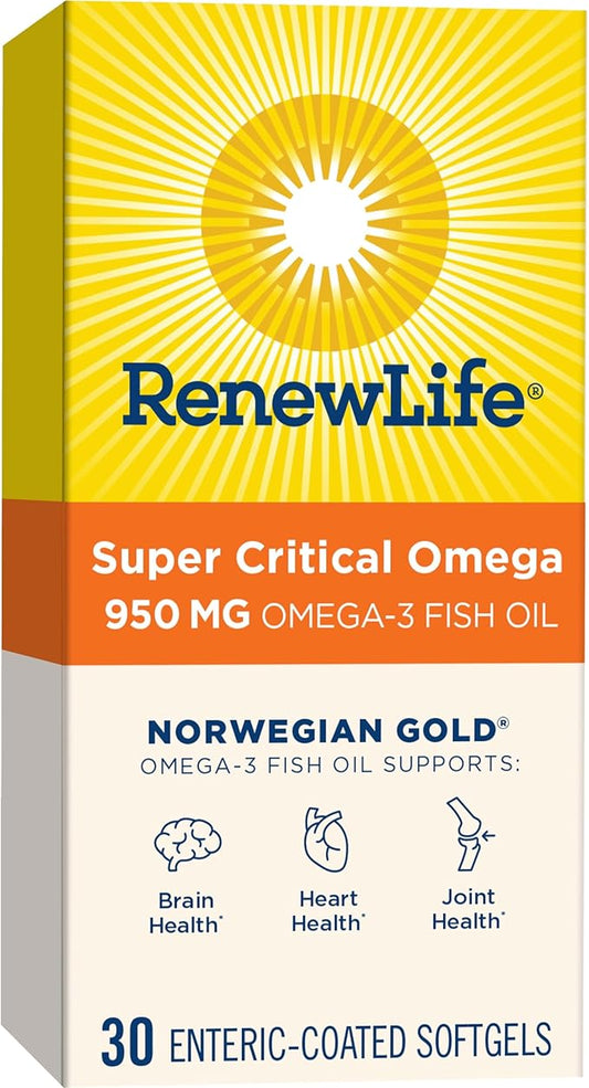Renew Life Norwegian Gold Super Critical Omega Softgels, Daily Supplement Supports Heart, Brain and Joint Health, EPA and DHA Omega-3 Fish Oil, Dairy and gluten-free, 950 Mg 30 Count