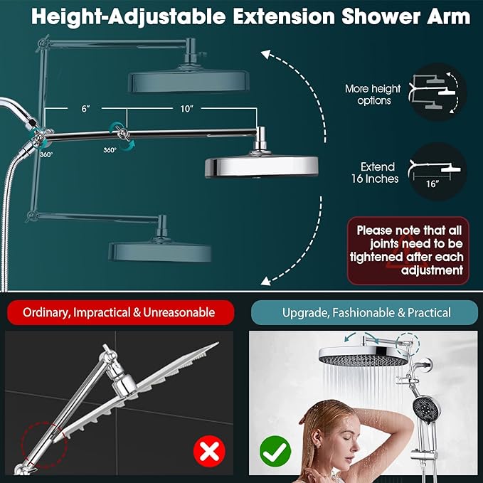 14" x 8" Rectangle High Pressure Rainfall Shower Head with Handheld Combo, 6 Setting Handheld Shower Head, Adjustable Height Shower Extension Arm and Slide Bar for Easy Reach - Chrome