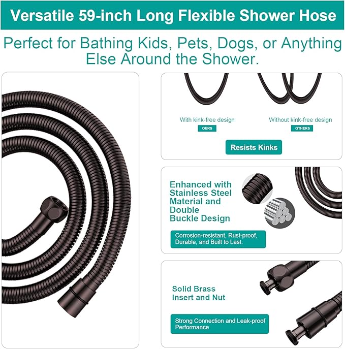 Shower Slide Bar Handheld Shower Head with Hose, 5-Function Hand Shower with Wall Mount，shower slide bar,adjustable height shower head (A-round, ORB)